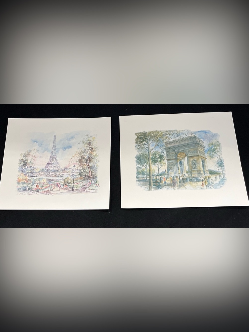 (2) Vintage Paris Watercolor-Style Prints – Eiffel Tower & Arc de Triomphe